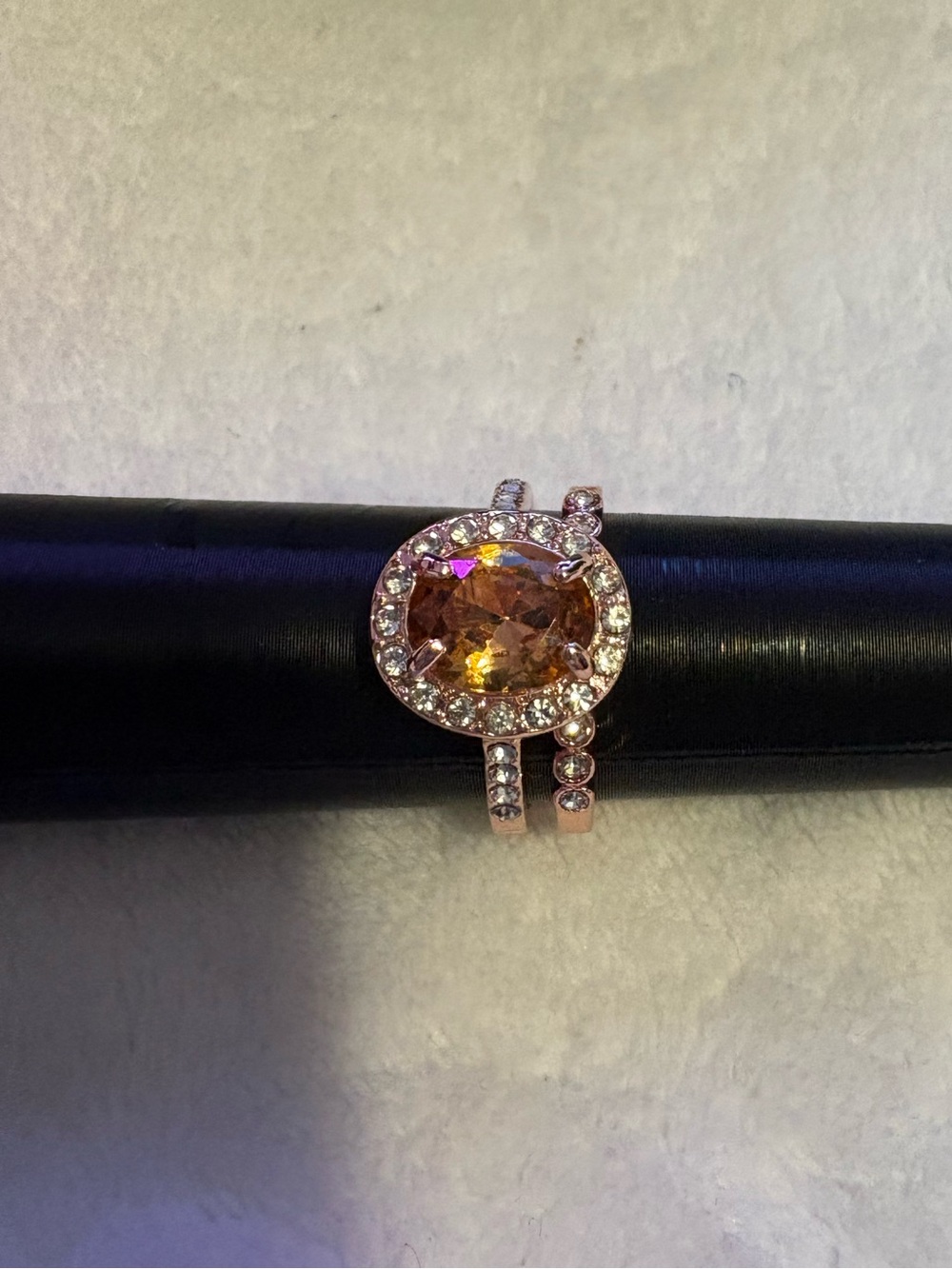 Rose Gold Crystal Halo Cocktail Ring - Pink Champagne Stone with Matching Band